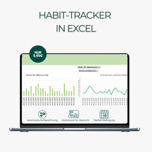 Könnte beinhalten: Ein Laptop mit einem Habit-Tracker in Excel. Der Bildschirm zeigt ein grünes und weißes Diagramm mit Datenpunkten und dem Text "Habit-Tracker in Excel". Der Laptop steht auf einer hellgrauen Oberfläche.