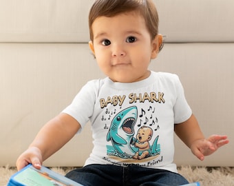 Bébé requin chante avec son meilleur ami ! T-shirt en jersey fin pour bébé : une aventure musicale pour votre tout-petit