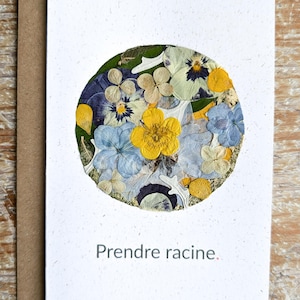 Carte message A6 "Prendre Racine" en fleurs et feuillage pressés