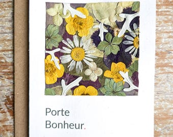 Carte message A6 "Porte Bonheur" en fleurs et feuillage pressés