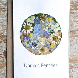 Carte message A6 "Douces pensées" en fleurs et feuillage pressés