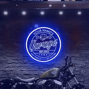 カスタムガレージネオンサイン、ガレージサイン、パーソナライズされたライトアップガレージサイン、お父さんへのギフト、父の日のギフト、男の隠れ家の装飾、ワークショップカーサイン