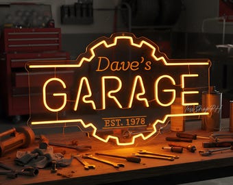 May include: A neon sign for "Dave's Garage" with a gear-shaped border, glowing in orange. The sign includes the text "EST. 1978". Tools and equipment are scattered on a wooden workbench, suggesting a workshop setting.