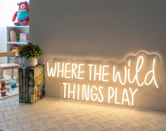 Neonreclame neonreclame Where The Wild Thing Plays, neonlicht neonverlichting speelkamer, wanddecoratie speelkamer, decoratie kinderkamer, muurkunst kinderkamer, bord Let's Play