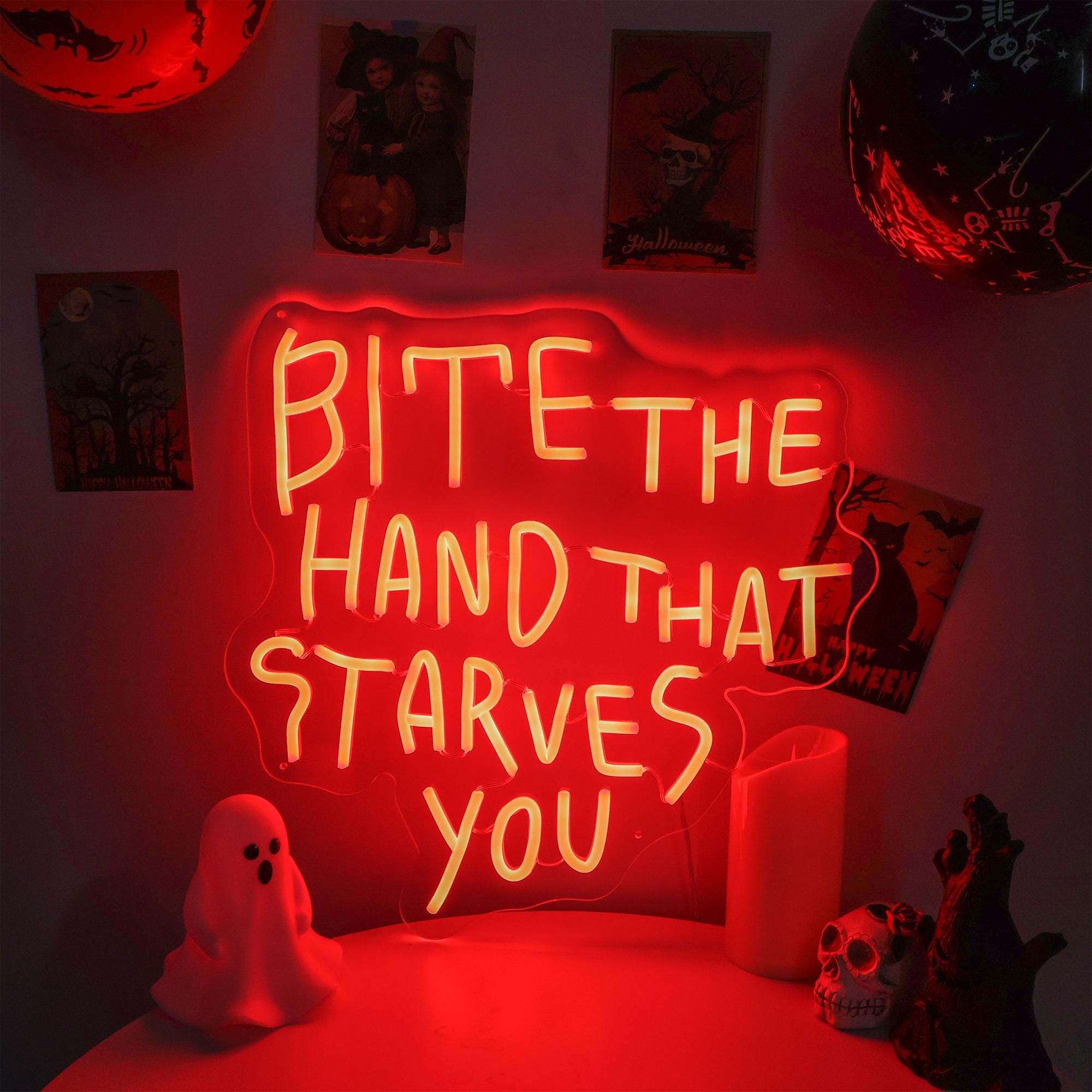 Bite the Hand That Starves You Neon Sign, Halloween Spooky Wall Decor, Horror Movies Gift, Horror Movie Theme Decor, Funny Home Decor Gift