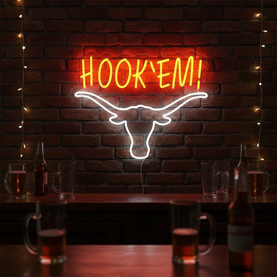 Hook 'Em Neon Sign,Texas Longhorn Wall Sign,Texas Wall Decor,Western Livingrooom Wall Art, Gift for Dad Husband,Man cave decor,Gift for him