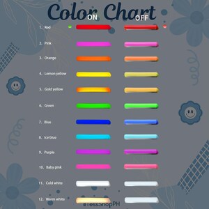 May include: A color chart with 12 different colors, labeled with their names. The colors are shown in two states: "ON" and "OFF". The chart is on a gray background with a floral design.