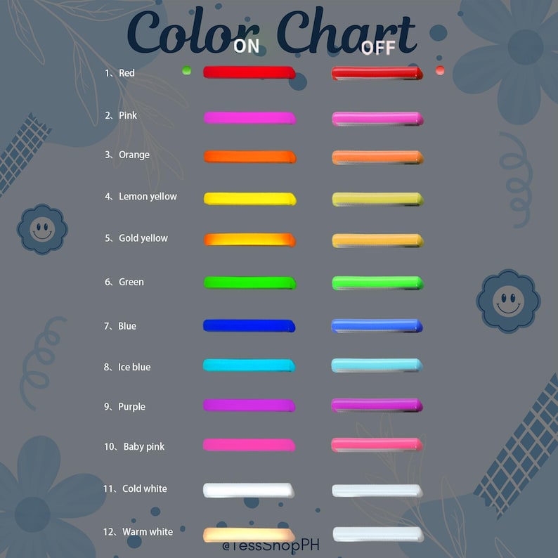 May include: A color chart with 12 different colors, labeled with their names. The colors are shown in two states: "ON" and "OFF". The chart is on a gray background with a floral design.