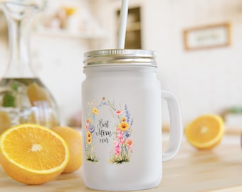Drinking glass with handle (0.35 l), gift for Mother's Day, Best Mom ever, flowers, iced coffee, Mother's Day, mom; birthday, glass with lid, girlfriend