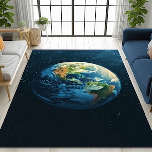 Kids Room Rug with Blue World in Space, Kids Rug with Map, Kids Room Map Rug, Nursery Rugs, Kitchen Decor Rug, Living Room Carpet, CR35