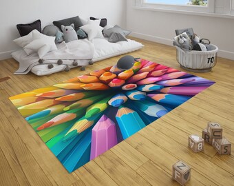 May include: A colorful rug with a design of many colored pencils radiating out from the center. The pencils are arranged in a circular pattern and are all different colors. The rug is on a wooden floor.