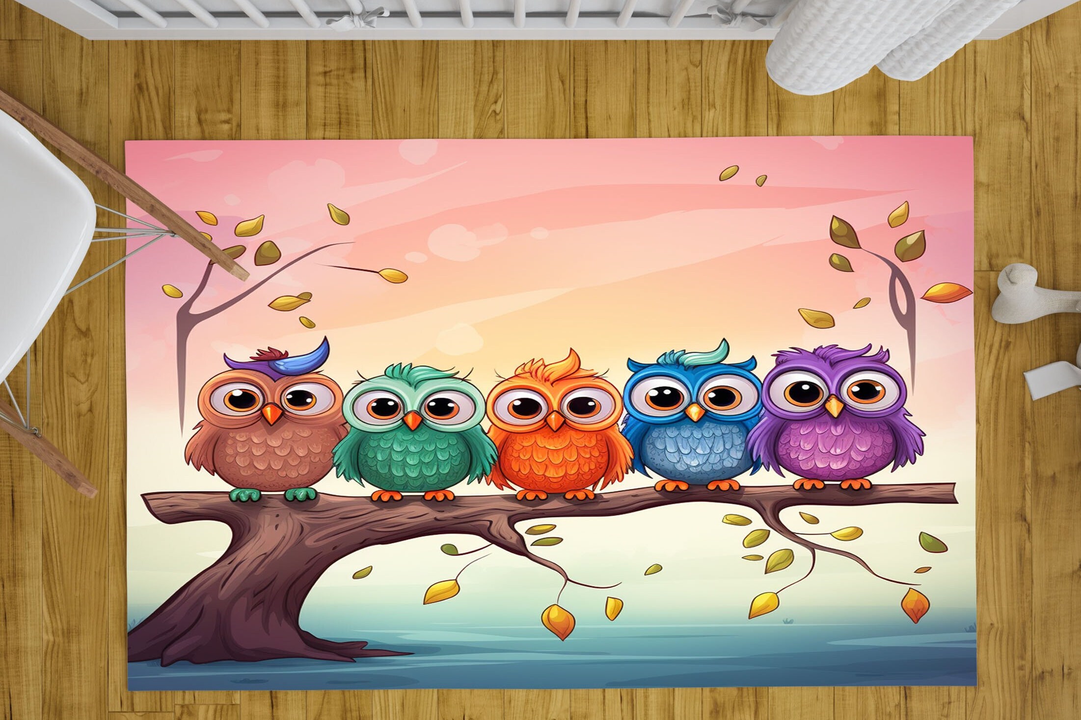 Owl Family Kids Rug: Cartoon Animal Print, Baby Nursery Decor