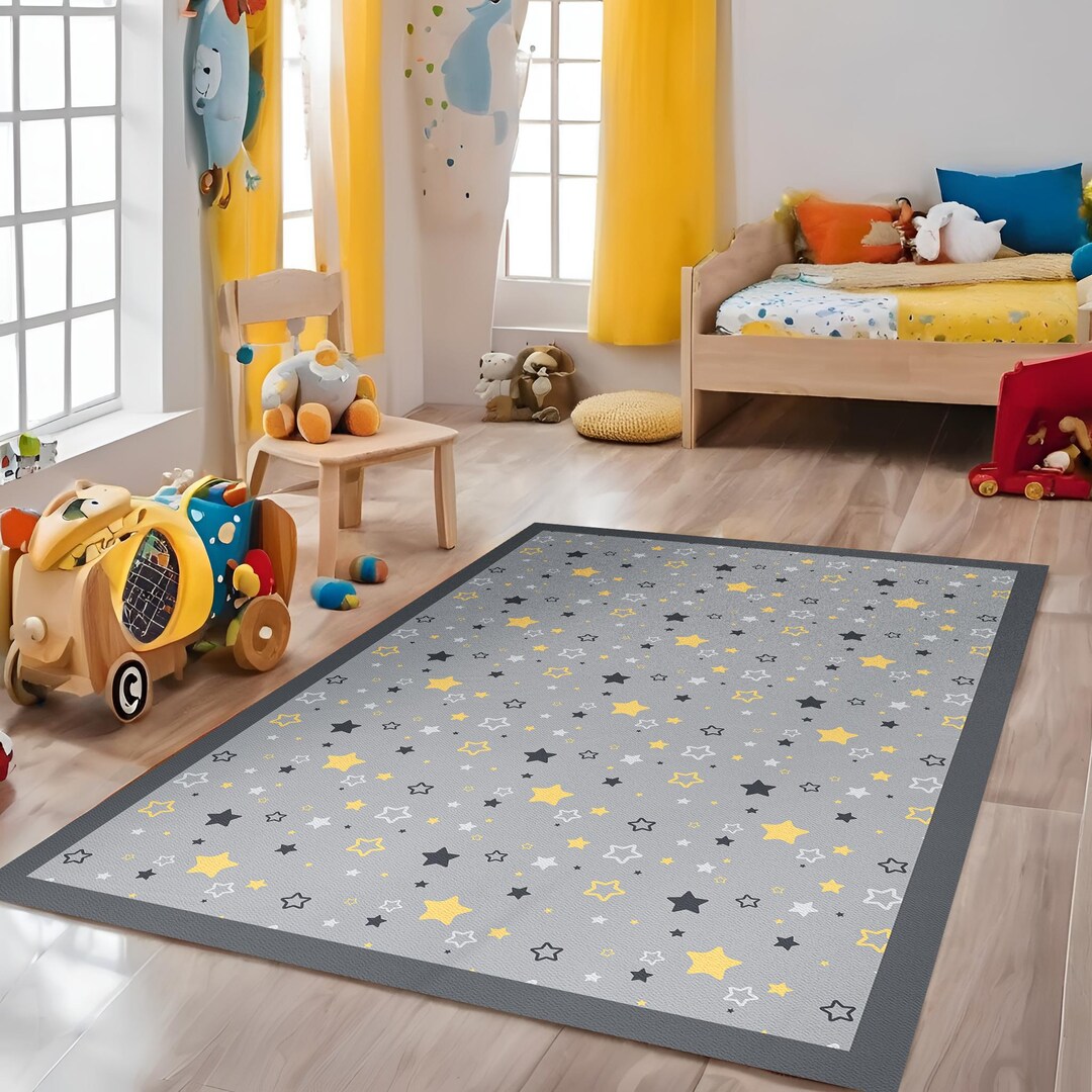 Gray Kids Rug with Stars: Anti-Allergic Nursery Decor - Etsy.de