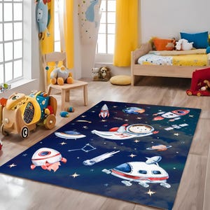 Kids Rug with Astronaut and Ships, Space and Ships Designed Rug on a Navy Blue Background, Baby Room Rug, Kids Room Decor Rug, Gift for Kids