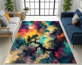 May include: Abstract area rug with a colorful design of swirling clouds and a dark tree in the center. The rug has shades of blue, green, yellow, orange, red, and purple.