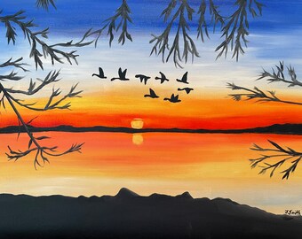 Geese fling over water at sunset oil painting signed canvas