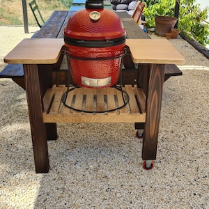 Handmade Oak BBQ Cart: Rolling Grill Table for Kamado Joe & Big Green Egg
