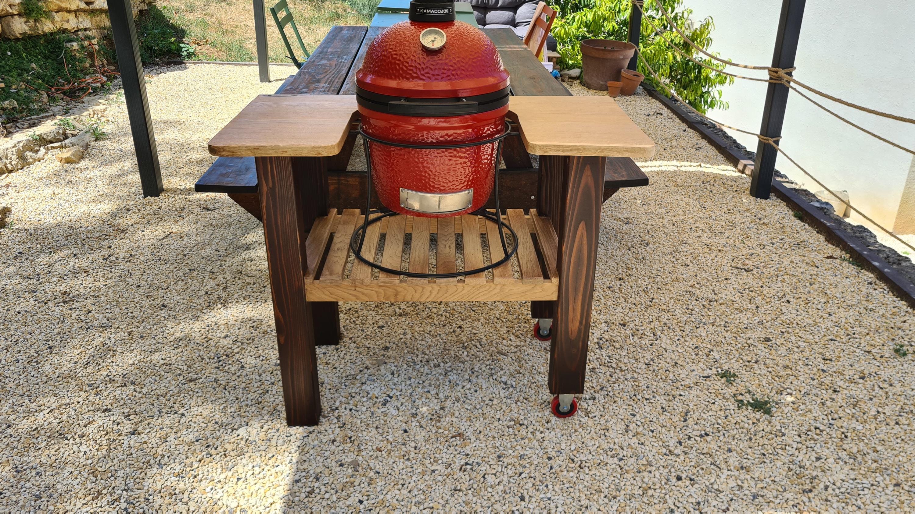 Handmade Oak BBQ Cart: Rolling Grill Table for Kamado Joe & Big Green Egg