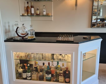 Handmade Corner Bar Cabinet: Stone Top, Glass Shelves, Custom Liquor Cabinet