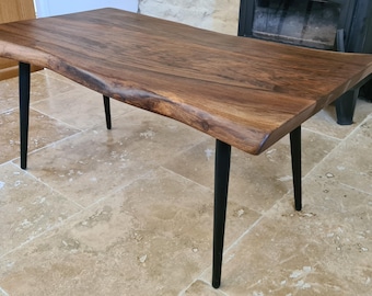 Live Edge Walnut Coffee Table: Black Steel Legs, Handmade in France