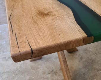 Handmade Oak and Green Epoxy Coffee Table - River Design - 90x46x48cm