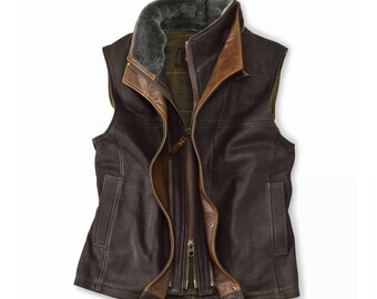 Men's Leather Vest, 100% Original leather Dark Brown Men's Vest, Fur Leather Vest, Handmade Vintage Leather Vest, Gift for him