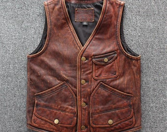 Gilet pour homme en cuir marron véritable style motard pour moto, gilet en cuir marron fait main motard pour homme, cadeau motard