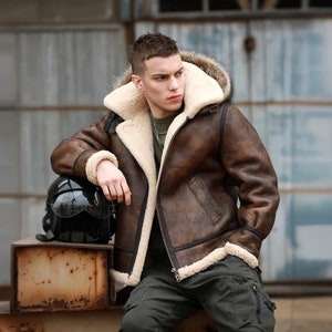 Shearling Jacket Mens Brown Hooded B3 Bomber RAF Aviator Sheepskin Coat Hooded Fur Coat  Vintage Sherpa Jacket, WW2 Coat, 70s Hooded Coat