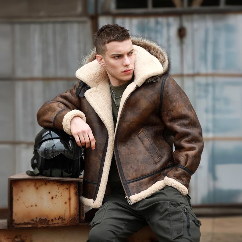 Shearling Jacket Mens Brown Hooded B3 Bomber RAF Aviator Sheepskin Coat ...