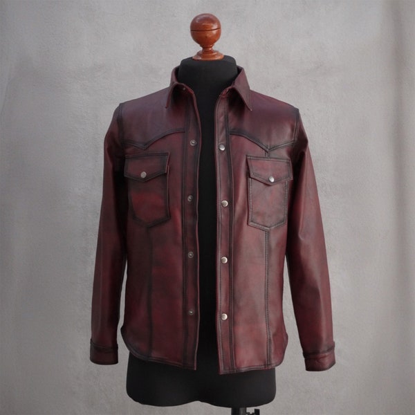 Blouson en cuir camionneur rouge ciré vintage, veste en cuir rouge western, veste motard en cuir décontractée sur mesure, cadeau fait main