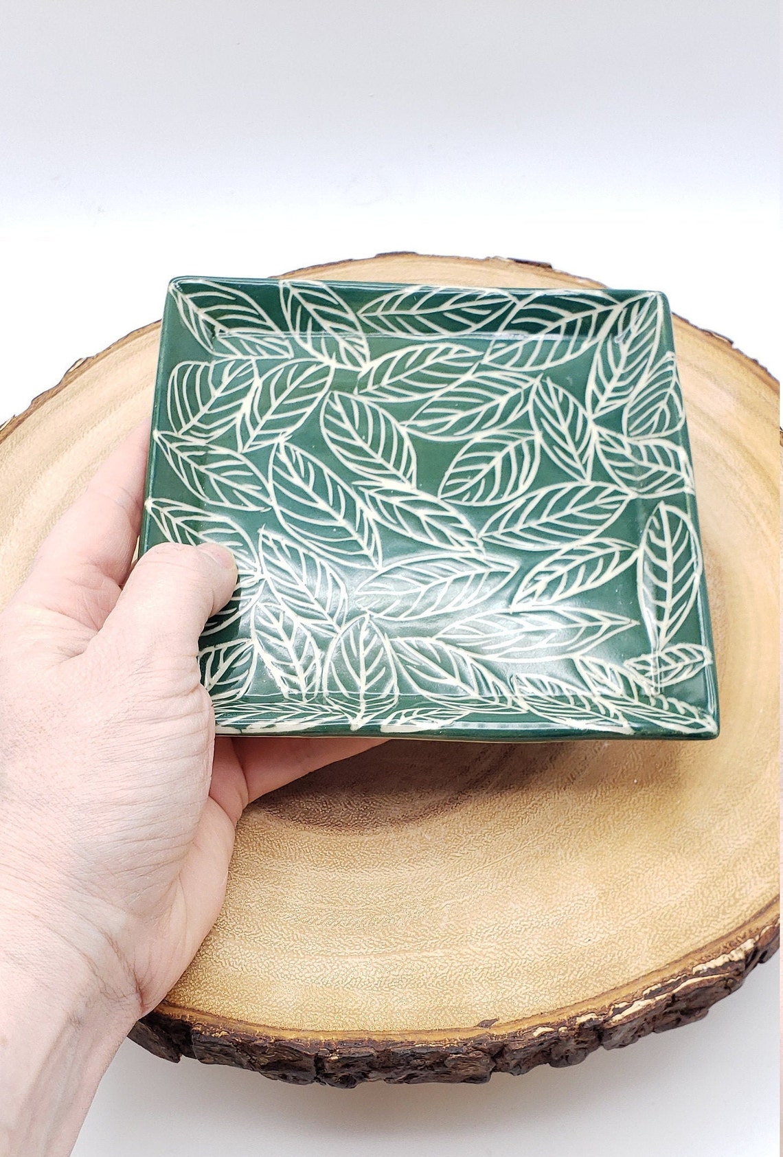 Handmade Ceramic Tray //Carved Green Botanical Dish Etsy