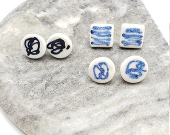 Ceramic stud earrings, Handmade minimalist design porcelain earrings