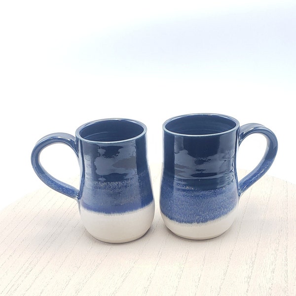 Navy Blue and Beige Handmade Ceramic Mug, Hand made Pottery Mug, Large Porcelain Mug
