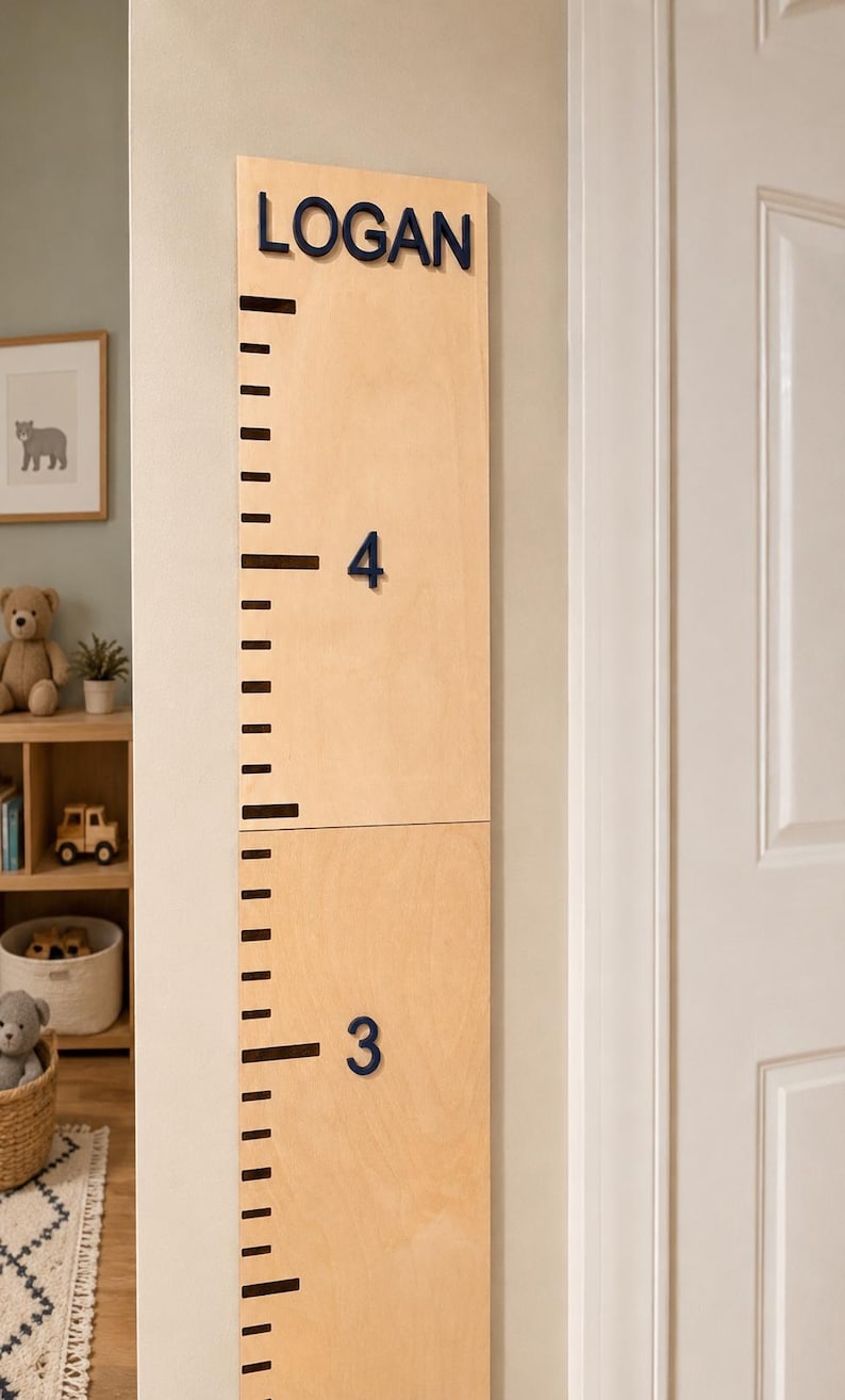 Children Milestone Tracker Growth Chart Ruler Personalized Name Design Wooden Height Measurement Tool Custom Nursery Wall Art Handcrafted Premium Quality Construction Kids Bedroom Display Durable Family Keepsake Beautiful Baby Shower Gift