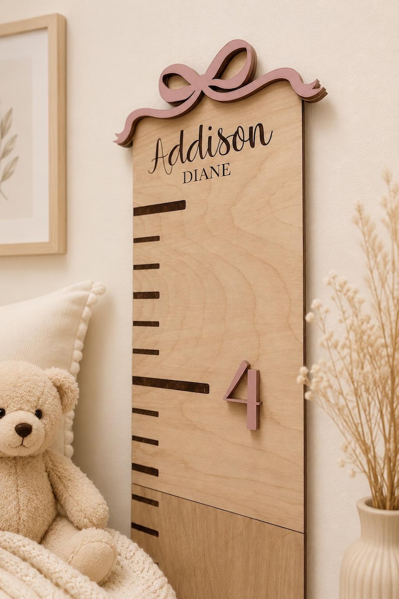 Custom Name Growth Chart Personalized Wooden Ruler Height Measurement Tool Handcrafted Nursery Wall Art Kids Bedroom Display Premium Wood Construction Children Milestone Tracker Durable Family Keepsake Beautiful Baby Gift Track Child Growth
