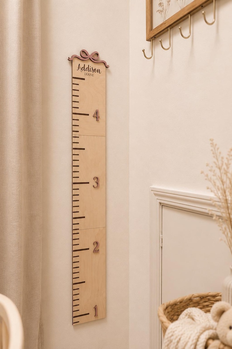 Children Milestone Tracker Growth Chart Ruler Personalized Name Design Wooden Height Measurement Tool Custom Nursery Wall Art Handcrafted Premium Quality Construction Kids Bedroom Display Durable Family Keepsake Beautiful Baby Shower Gift