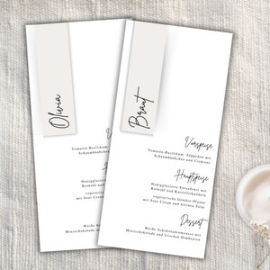Cartão de menu, menu com placa de identificação (posicionamento), personalizável, casamento/festa, download instantâneo, à la carte