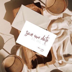 Save our Date - elegante Einladungskarte mit roter Schrift zum Personalisieren, Zuhause Drucken, Hochzeit/Party
