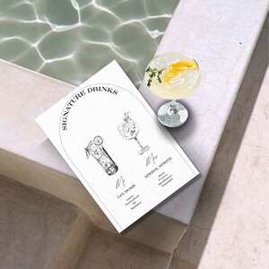 Signature Drinks für sie und ihn, Party-Clue, Hochzeit, 3x Cocktailkarte - Getränkekarte, Mr-Mrs personalisierbar und individualisierbar