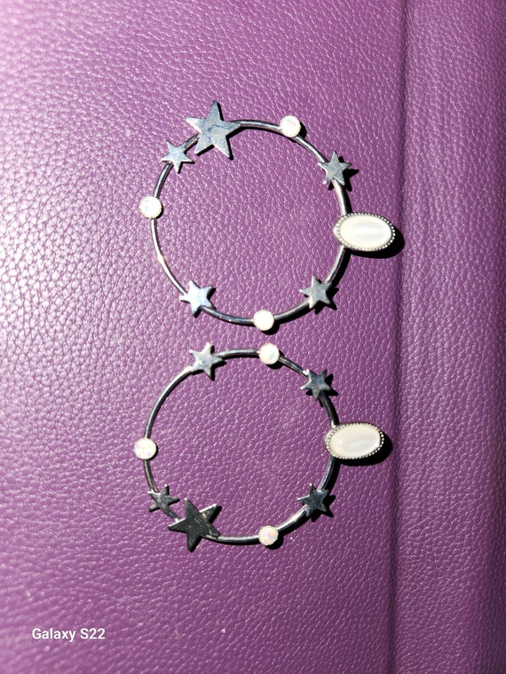 Star Hoop Earrings, Celestial Silver Tone - image 1
