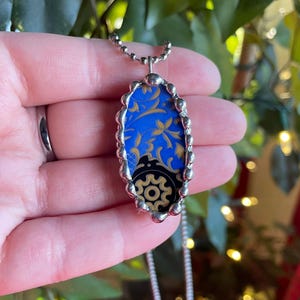 Broken Blue and Gold China Plate Pendant