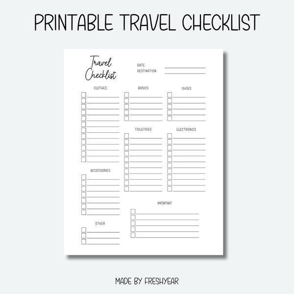 travel checklist, travel pdf, travel essentials, traveling printable, packing list template, vacation checklist, minimalist planner