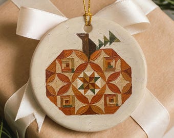 Barn Quilt Pumpkin Ornament - Americana Fall Decor, Thanksgiving Keepsake
