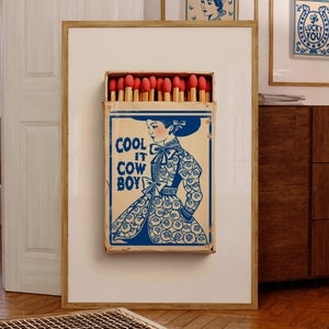 Cool It Cowboy Matchbook Print, Coastal Cowgirl Millennial Kleindochter Toile Chinoiserie Indigo Blauw Wit Poster Western Decor Trendy Kunst