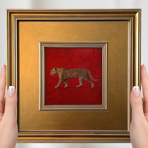 Leopard Minimålning – Litet inramat konsttryck, Röd väggdekor, Maximalistisk djurkonst