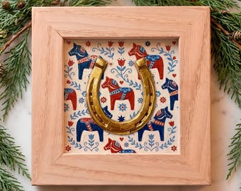 Scandinavian Dala Horse Mini Painting – Small Framed Folk Art Print, Equestrian Decor