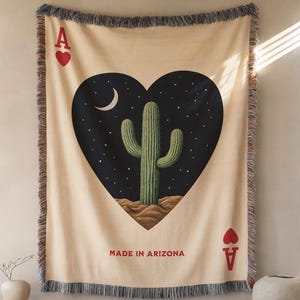 Saguaro Cactus Ace of Hearts Blanket – Cotton Woven Throw Southwestern Game Room Decor Black & White Tapestry Arizona Home Housewarming Gift