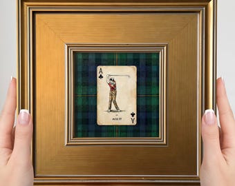 Golf Mini Painting – Small Framed Wall Art, Green & Navy Plaid Playing Card Still Life Print