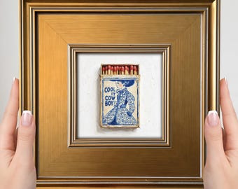 Cool It Cowboy Mini Painting – Small Framed Wall Art, Blue and White Vintage Matchbook, Western Decor