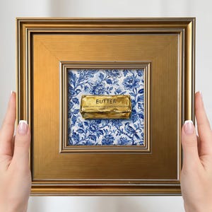 Butter Mini Painting – Small Framed Art, Gold Lucky Wall Charm, Blue & White Chinoiserie Still Life Print